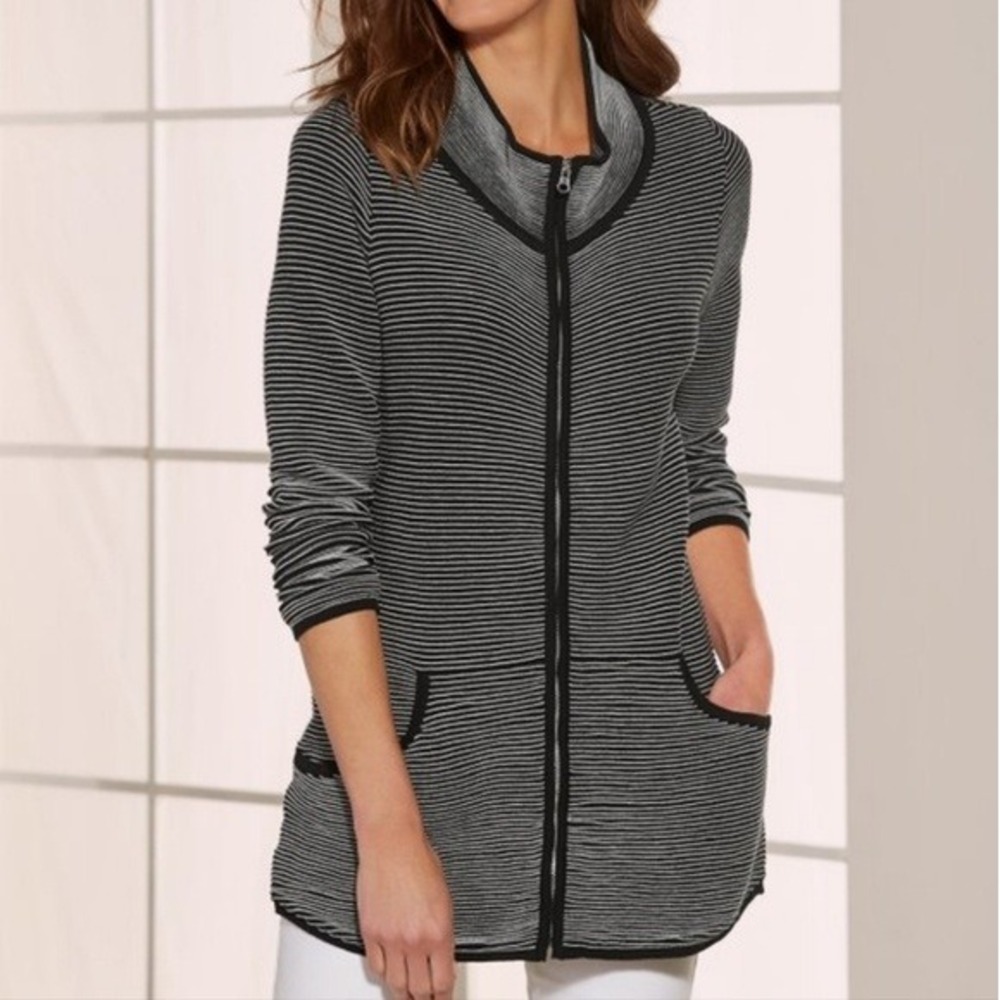 Soft Surroundings‎ Women's Zip Front Striped Cardigan Sweater Black Mock Neck L